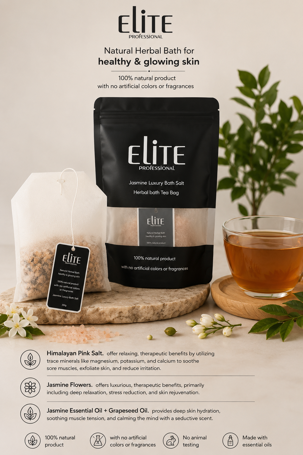 Elite Professional Jasmine Luxury Bath Salt ( Herbal bath Tea Bag) 250g