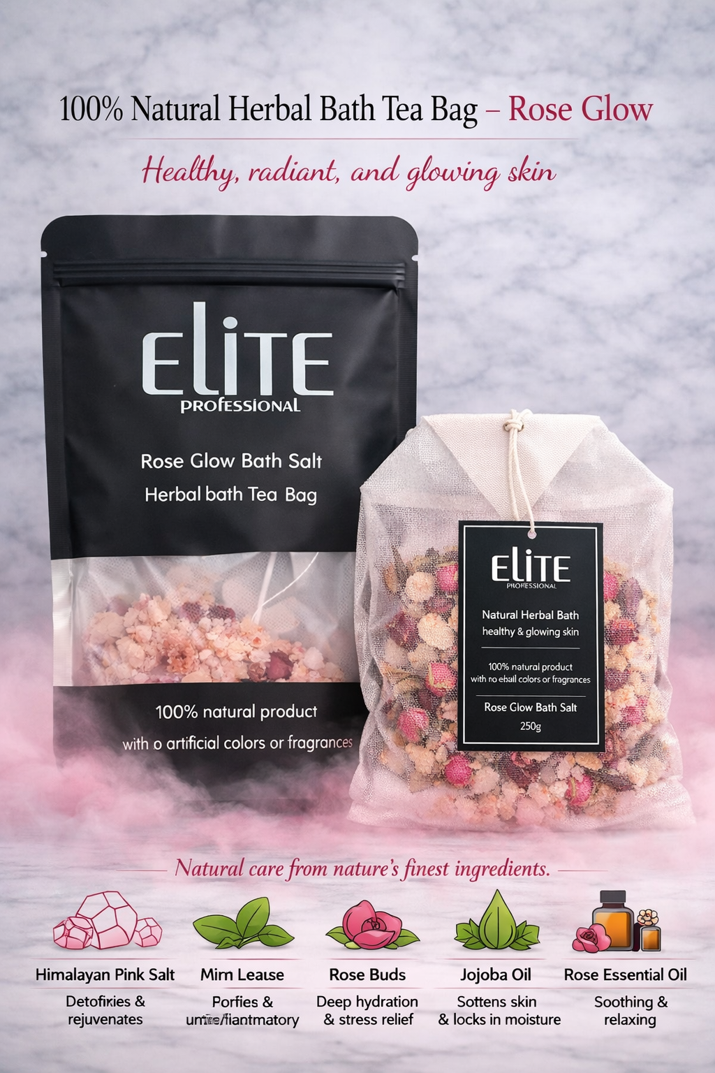 Elite Professional Rose Glow Bath Salt ( Herbal Bath Tea bag ) 250g