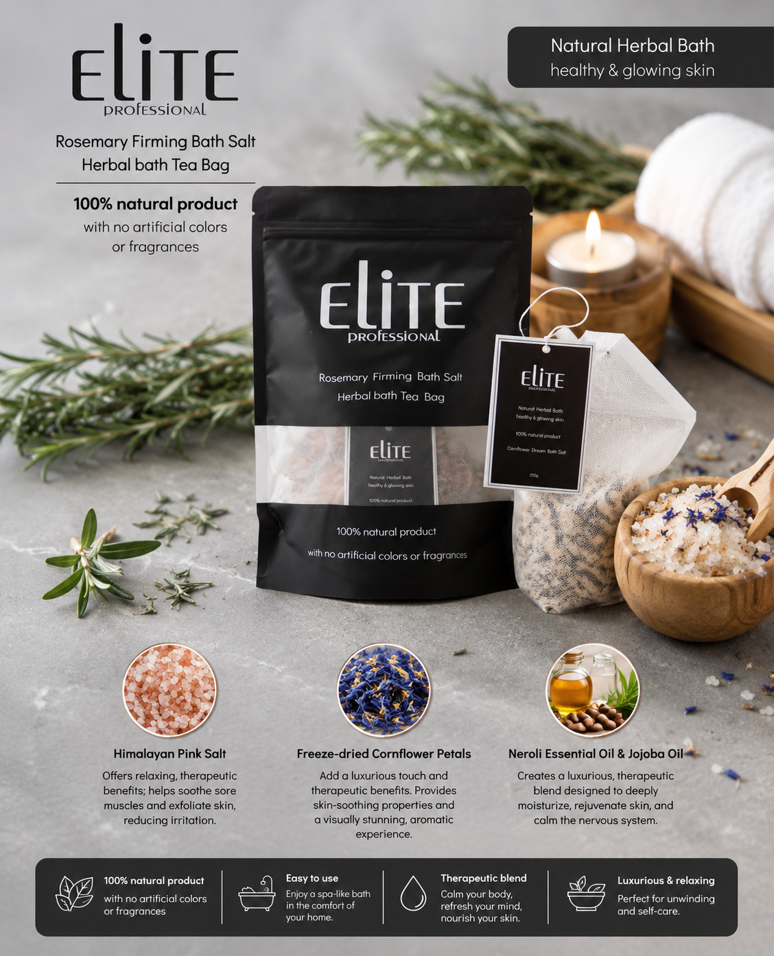 Elite Professional Rosemary Firming Bath Salt ( Herbal Bath Tea Bag )250g